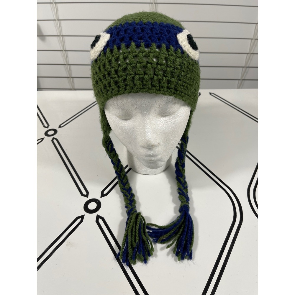 Kids Crochet Ninja Turtle Hat With‎ Braids Green Blue White Black Eye